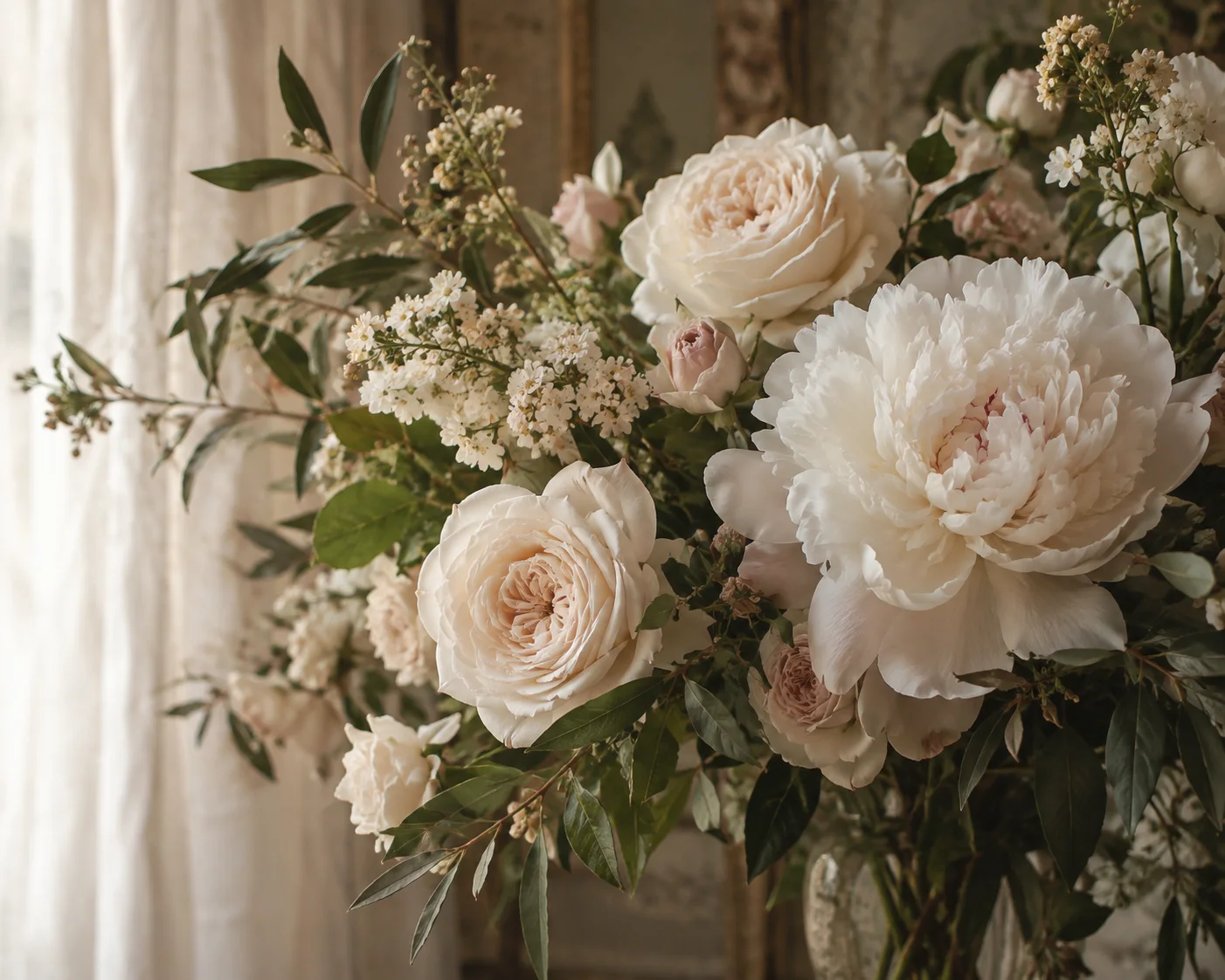 Bouquet d’inspiration de pivoines et roses ivoire, aux feuillages naturels