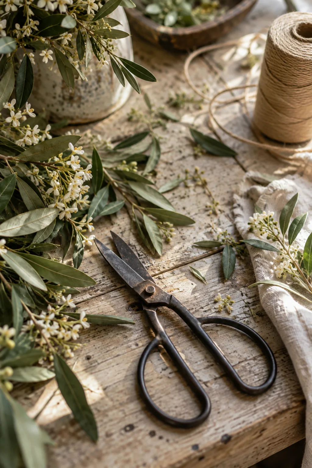 Ciseaux de fleuriste, ficelle et feuillages sur une table